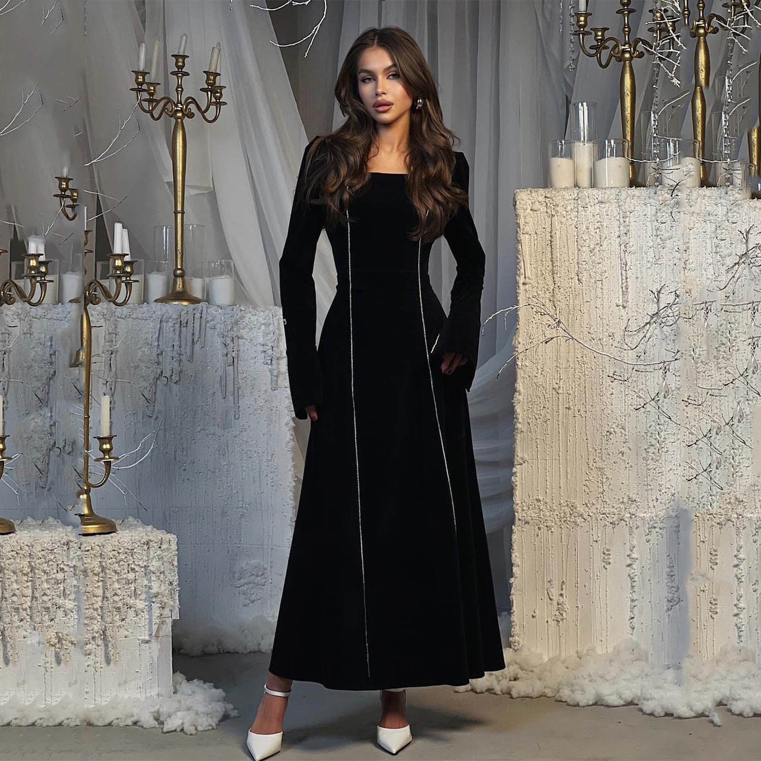 Autumn Winter Party Dress French Ladies Dress Korean Velvet Bell Sleeve Square Collar A line Dress Women by Ragazza