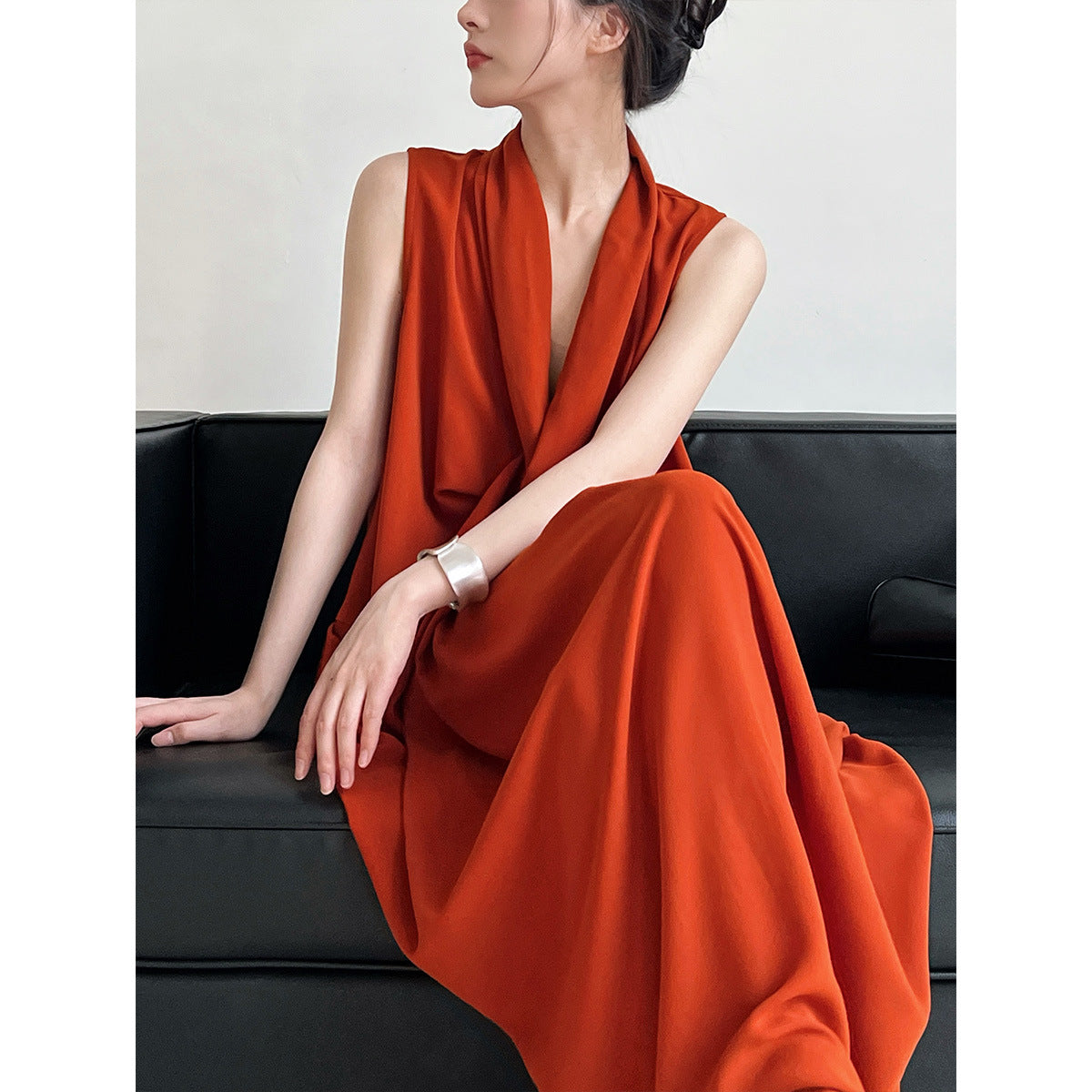Elegant V neck Sleeveless Twisted Waist Dress Women Slimming Irregular Asymmetric High Grade Hong Kong Long Dress by Ragazza