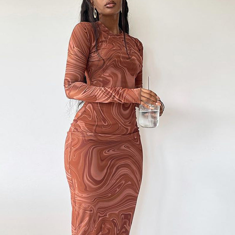 Women Clothing Autumn Winter Print round Neck Long Sleeve Slim Mid Length Dress by Ragazza