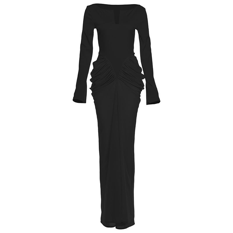 Autumn Winter Women Clothing Colorblock Slim Pleated Long Sleeve Elegant Dress by Ragazza