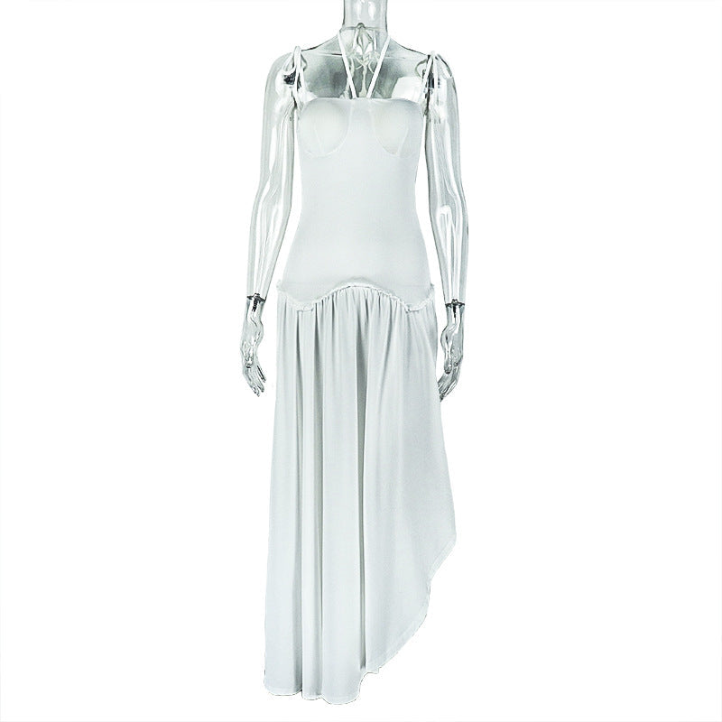 Solid Color Slim Fit Women Pleated Backless A line Dress Lace up Halterneck Large Swing Length Dress Tide by Ragazza