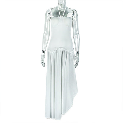 Solid Color Slim Fit Women Pleated Backless A line Dress Lace up Halterneck Large Swing Length Dress Tide by Ragazza