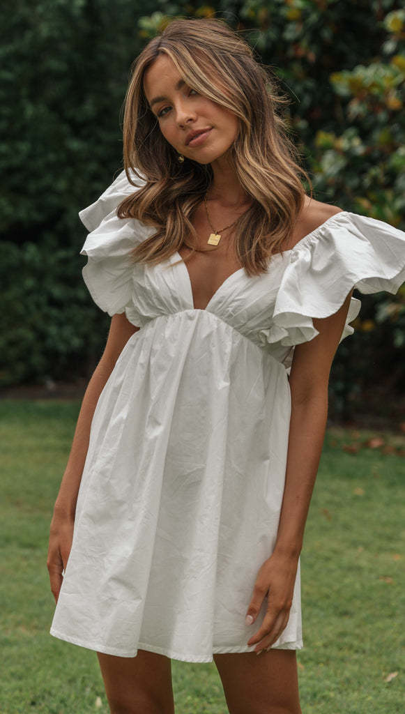 Women Clothing V Neck Ruffle Sleeve Youthful Short Dress by Ragazza