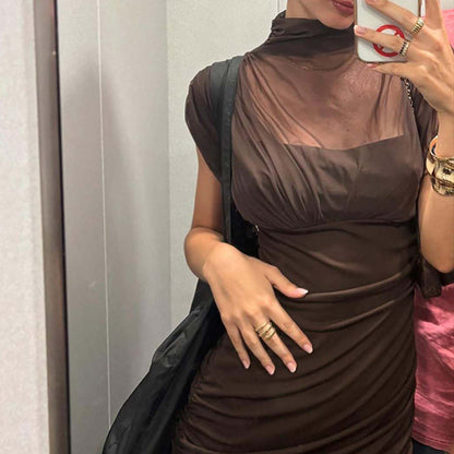 Sexy Socialite Tight Waist Close Fitting Stitching Gauzy Package Hip Maxi Dress for Women by Ragazza