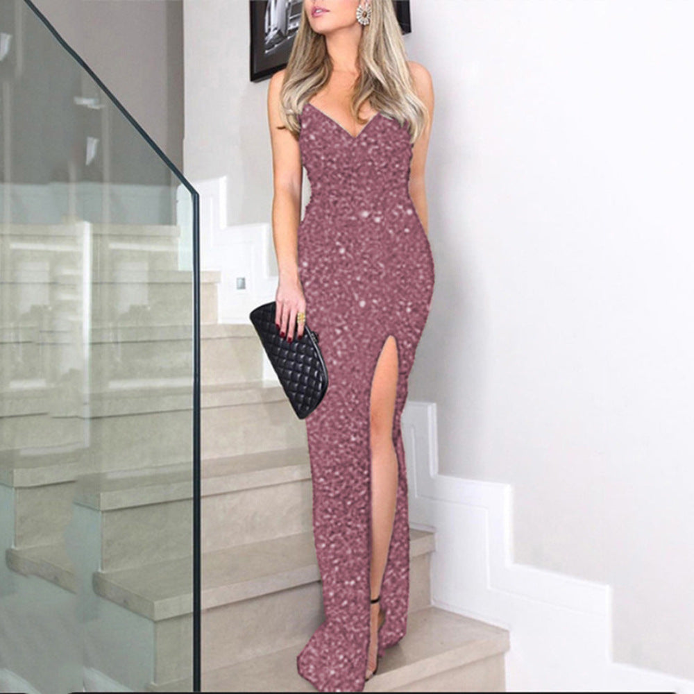 Summer Women Clothing High Waist Sexy Dress Sequined Suspender Slit Formal Dress by Ragazza