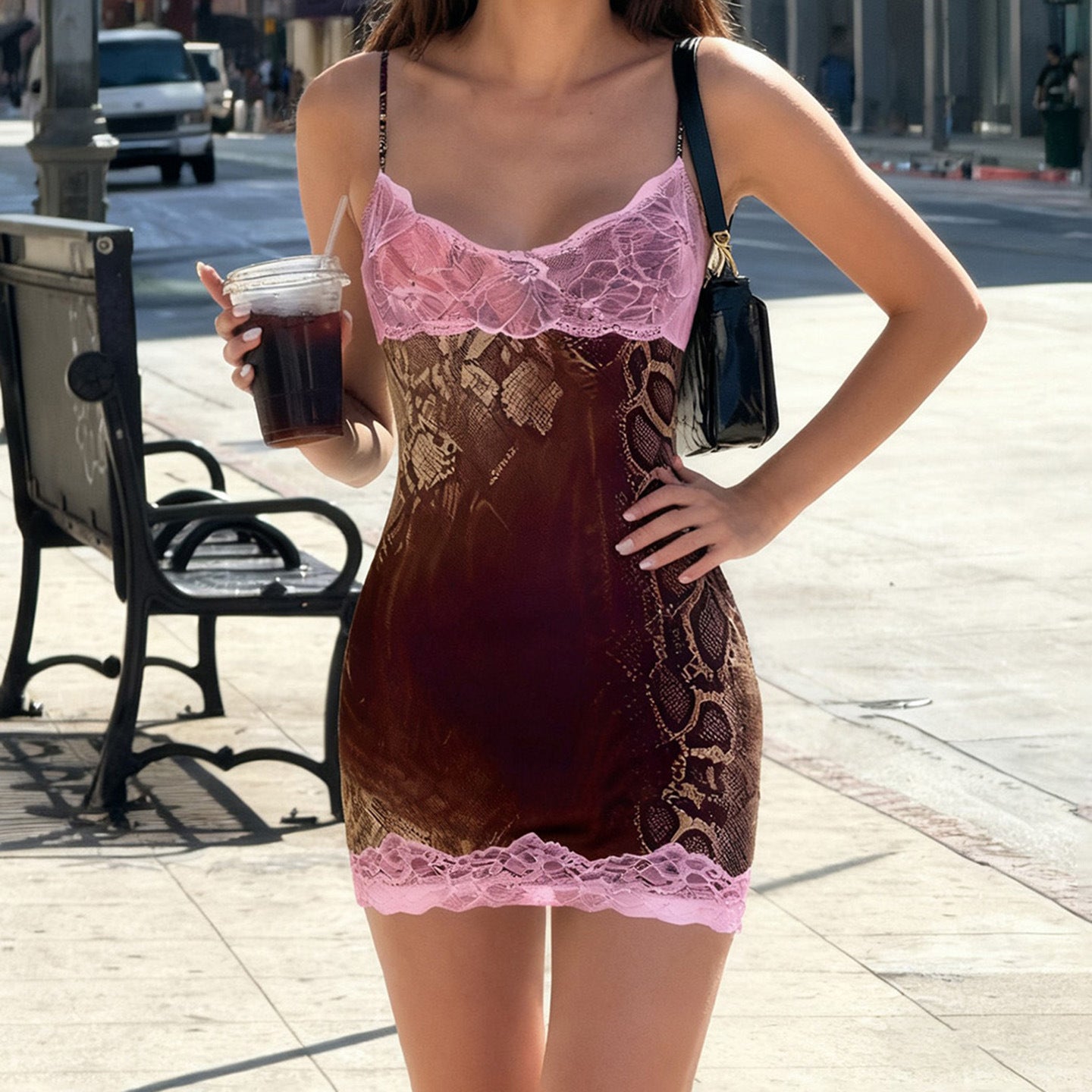 Sexy Personalized Snake Pattern Lace Contrast Color Splicing Sling Dress Sexy V neck Backless Hip Dress by Ragazza