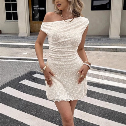 Oblique Shoulder Design Women Gentle White Slim Dress Sexy Slim Fit Pure Hip Dress by Ragazza