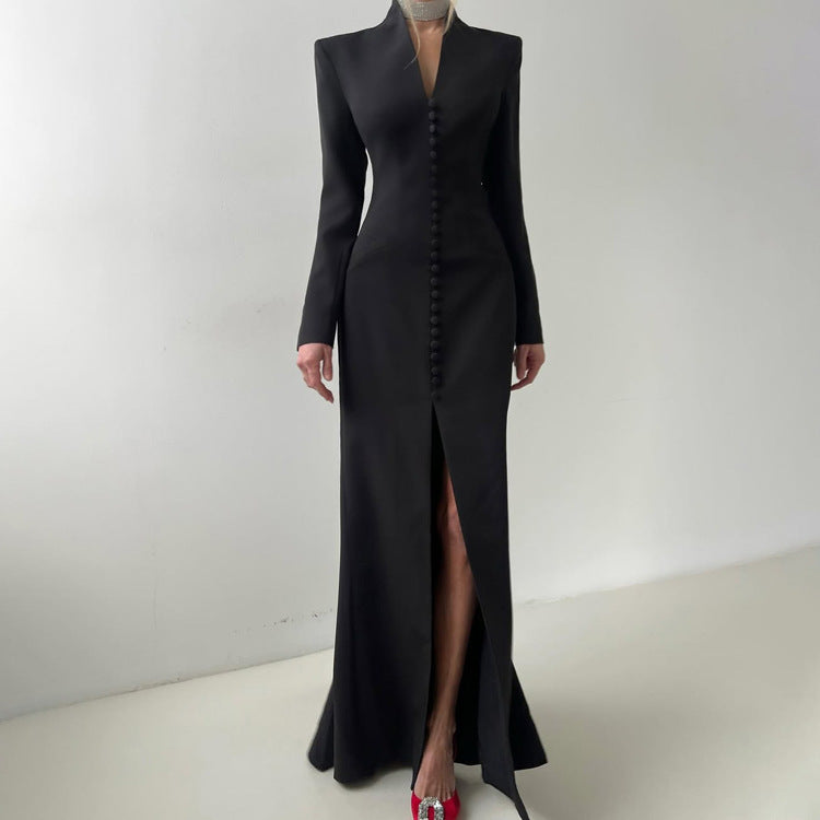 V neck Long Sleeve High Waist Split French Dress Women Party Long Dress by Ragazza