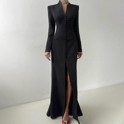 V neck Long Sleeve High Waist Split French Dress Women Party Long Dress by Ragazza