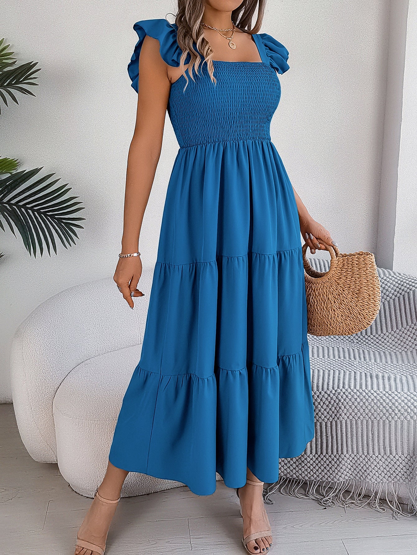 Summer Solid Color Square Collar Wooden Ear Waist A line Dress Women Clothing by Ragazza