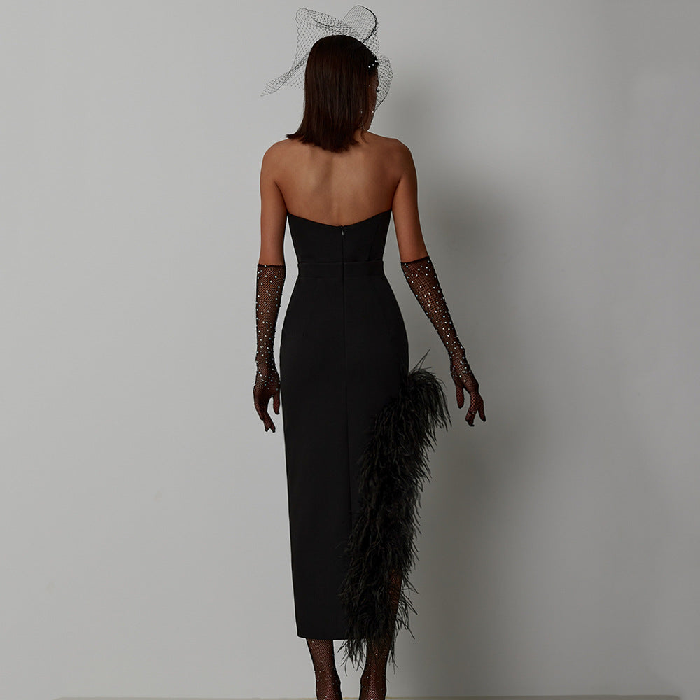 Sexy Split Tube Top Side Feather Bandage Slim Elastic Party Midi Dress Dress by Ragazza
