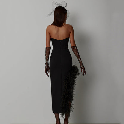 Sexy Split Tube Top Side Feather Bandage Slim Elastic Party Midi Dress Dress by Ragazza