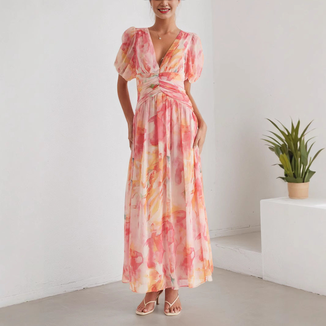 Women Clothing Vacation Chiffon Dress V neck Short Sleeve Zipper High Waist Print Dress by Ragazza
