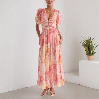 Women Clothing Vacation Chiffon Dress V neck Short Sleeve Zipper High Waist Print Dress by Ragazza