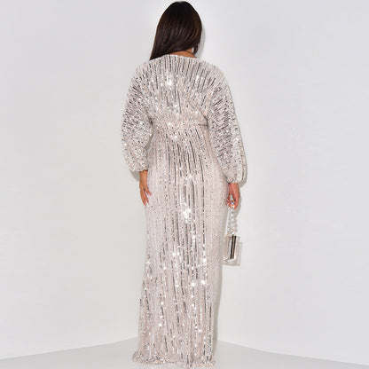 Women Dress Dress Sequined Long Sleeve V Neck Sexy Sequin Maxi Dress by Ragazza