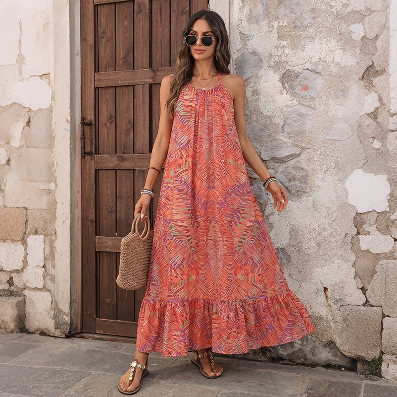 Ethnic Vacation Printed Halter Backless Loose Dress  DestGlow