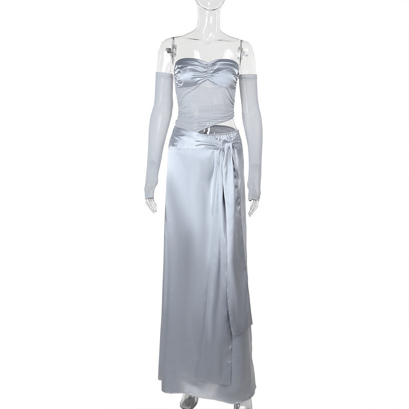 Winter Patchwork Maxi Dress Sexy Slim Tube Top Satin Dress by Ragazza