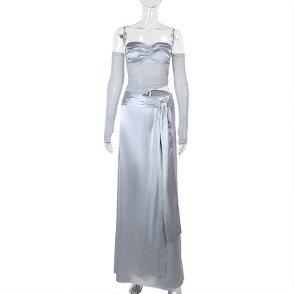 Winter Patchwork Maxi Dress Sexy Slim Tube Top Satin Dress by Ragazza
