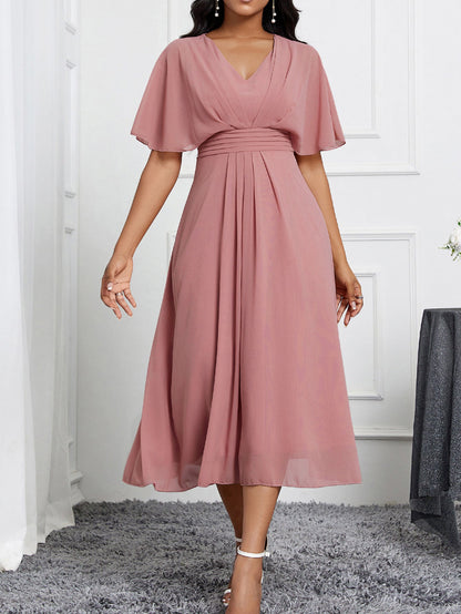 Solid Color V neck Short Sleeve Elegant Slim Chiffon Ladies Dress by Ragazza