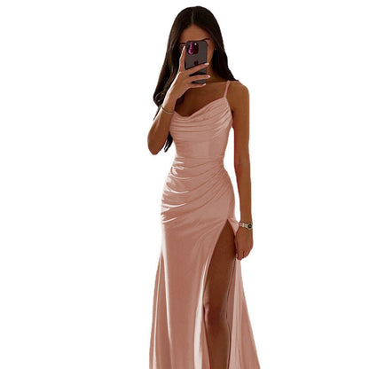 Women Spring Tube Top Pleated Slit Satin Dress Sexy Slim Hip Dress by Ragazza