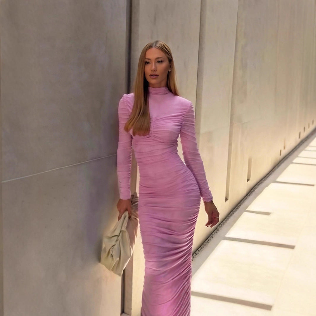 Autumn Elegant Socialite Private Clothing Stand Collar Long Sleeve Waisted Slim Fit Package Hip Pleated Niche Dress by Ragazza