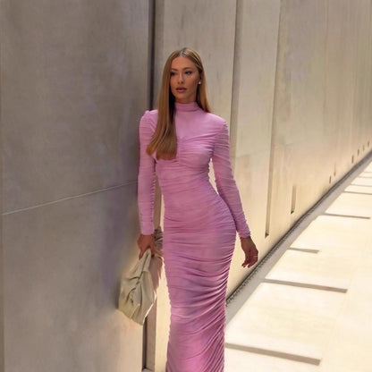 Autumn Elegant Socialite Private Clothing Stand Collar Long Sleeve Waisted Slim Fit Package Hip Pleated Niche Dress by Ragazza