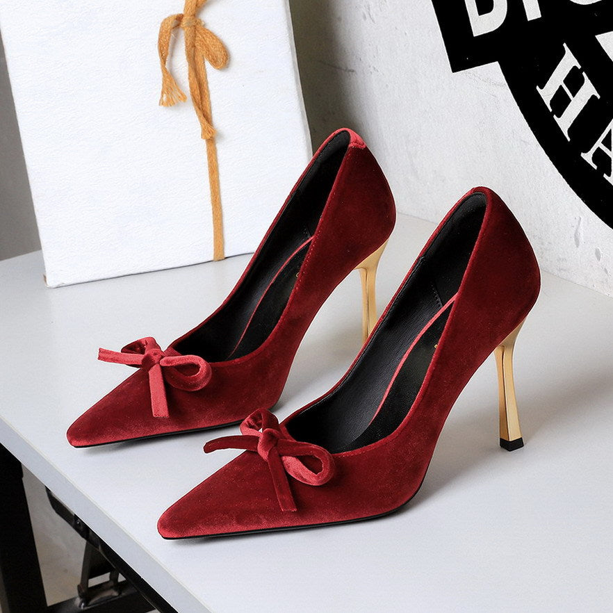 French Metal High Heel Slip on Stilettos Bow Suede Cocktail Goddess Shoes  DestGlow