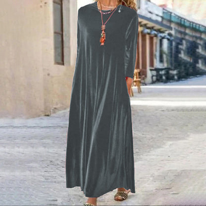 Spring Gold Velvet Slimming Crew Neck Maxi Dress by Ragazza