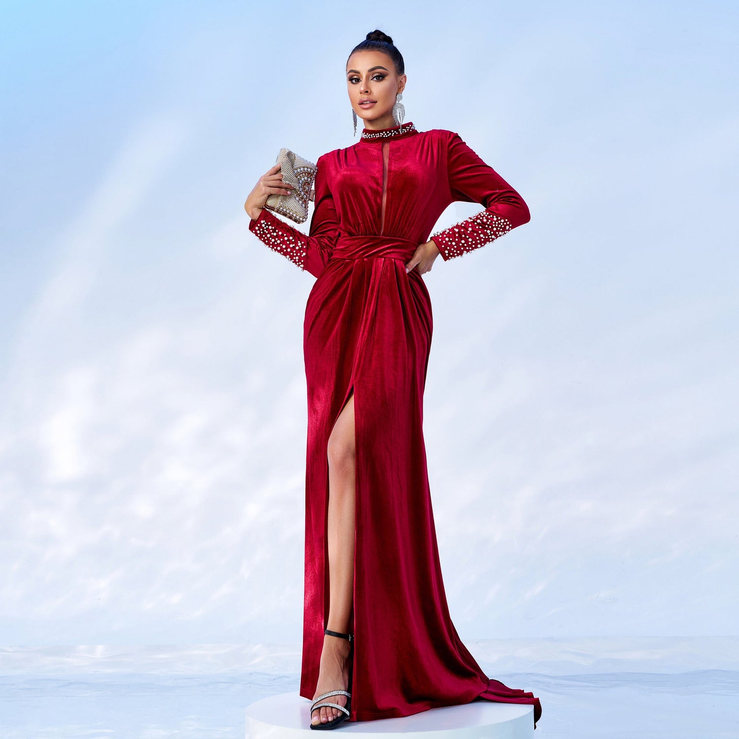 High End Long Sleeve Crew Neck Sexy Long Velvet Cocktail Evening Dress Bridesmaid Dress Women Dress by Ragazza