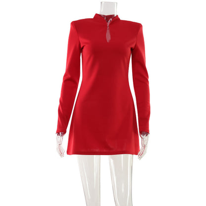 Women Clothing Red Simple Elegant Dress Chest Hollow Out Cutout out Cinched High Grade A line Short Dress Women by Ragazza