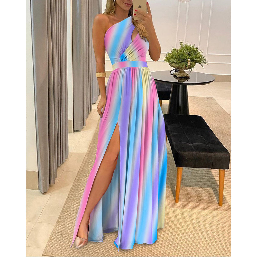 Women Clothing Slant Shoulder Dress Elegance Sleeveless Sexy High Waist Split Dress by Ragazza