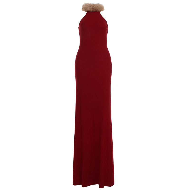 Retro Christmas Red Fur Stitching Contrast Color Vest Maxi Dress Elegant Slim Mop Evening Dress Annual Party Dress by Ragazza