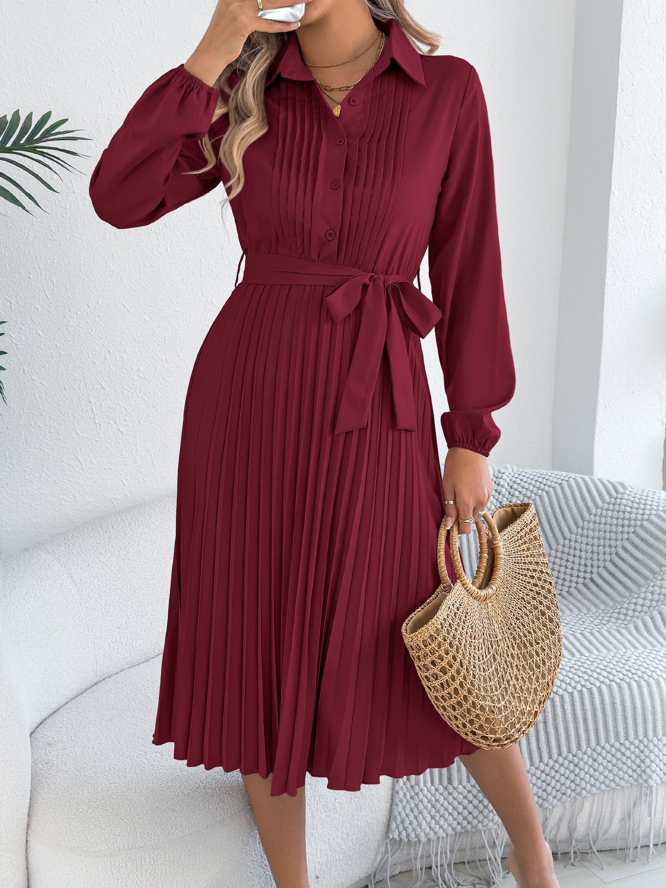 Spring Summer Elegant Solid Color Collared Long Sleeve Cinched Pleated Dress Women Clothing by Ragazza