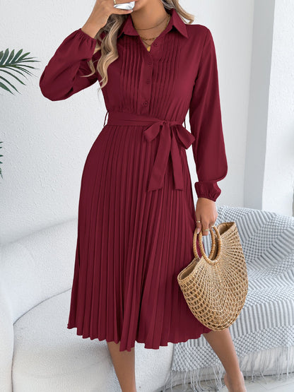 Spring Summer Elegant Solid Color Collared Long Sleeve Cinched Pleated Dress Women Clothing by Ragazza