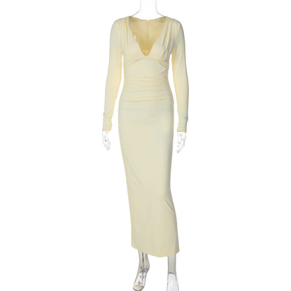 Women Clothing Autumn Deep V Plunge Sexy Solid Color Waist Tight Split Dress Women  DestGlow