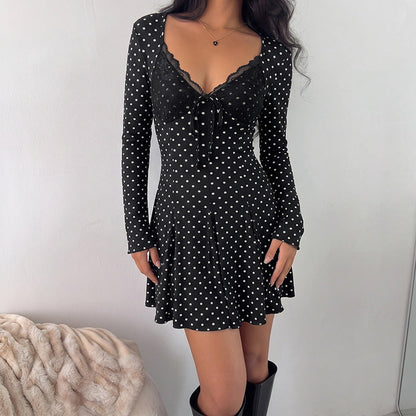 Vintage Polka Dot Lace V neck Waist Trimming Short Dress  DestGlow