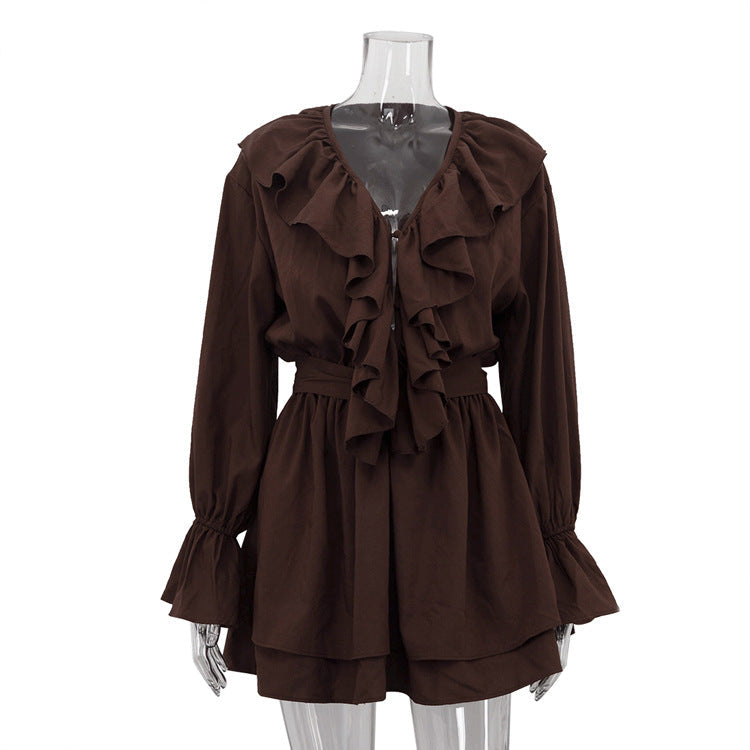 Spring French Elegant Short Dress Women Ruffled V neck Flared Sleeves High Waist A line Dress by Ragazza