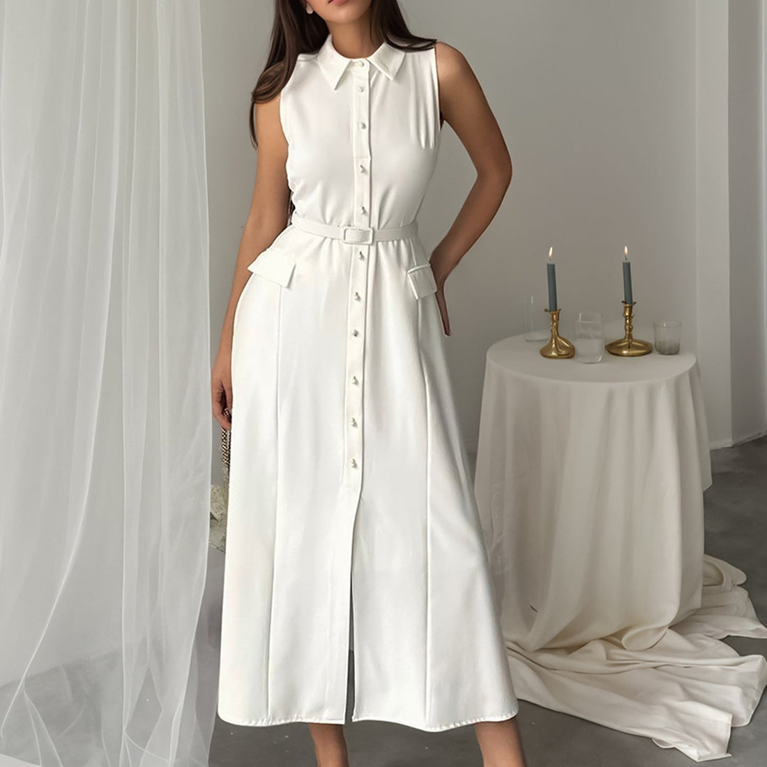 Summer Autumn Arrival Solid Color Sleeveless Belt Pearl Buckle Slim Fit Slit Office Dress by Ragazza