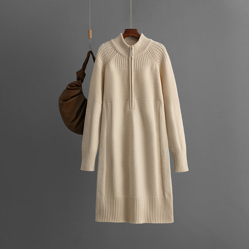 Zipper Woolen Autumn Winter Long Sleeve Thick Loose Mid Length Knitted Dress by Ragazza