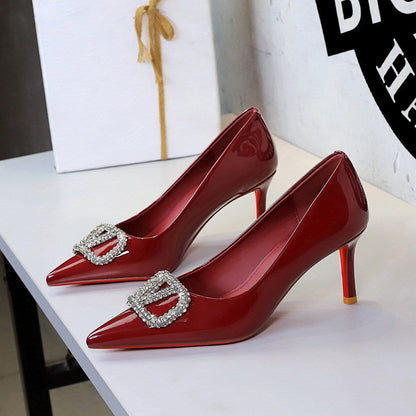 Sexy Red Background Patent Leather Rhinestone V Buckle Decorative Pointed Low Cut Slip on Stiletto Heel  DestGlow