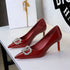 Sexy Red Background Patent Leather Rhinestone V Buckle Decorative Pointed Low Cut Slip on Stiletto Heel  DestGlow