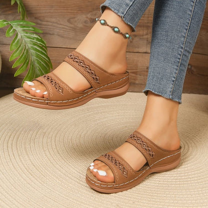 Hollow Out Cutout Embroidered Platform Peep Toe Slippers Women Lightweight Sewing Thread Wedge Beach Slippers  DestGlow