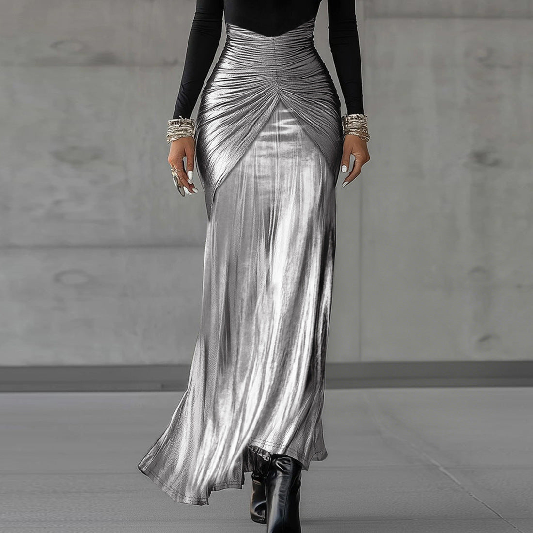Winter Women Clothing Fashionable Elegant Long Sleeve Stitching Ruffle Waist Tight Elegant Dress by Ragazza