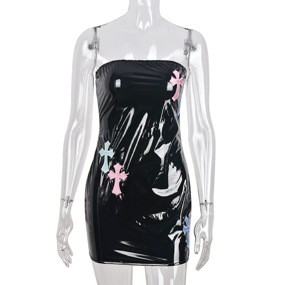 Metallic Coated Fabric Women Clothing Sexy Stretch Cross Embroidery Chest Wrapped Dress by Ragazza