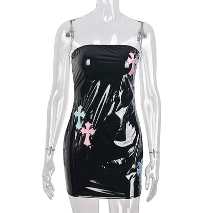 Metallic Coated Fabric Women Clothing Sexy Stretch Cross Embroidery Chest Wrapped Dress by Ragazza