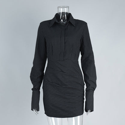 Striped Long Sleeved Shirt Dress Spring Summer Mini Hip Dress Slim Fit Dress Women by Ragazza