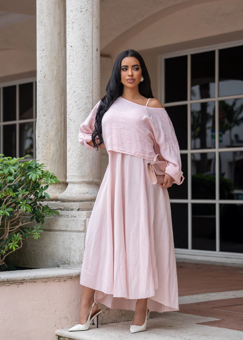 Summer Autumn Solid Color Casual Loose Strap Dress Diagonal Collar Loose Long Sleeve Two Piece Dress Set  DestGlow