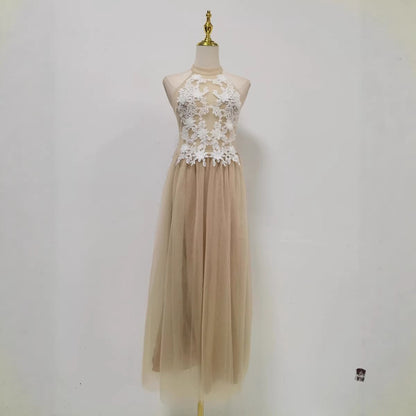 Summer Elegant Retro Halter Dress Waist Slimming Patchwork Craft Solid Color Tulle Dress by Ragazza