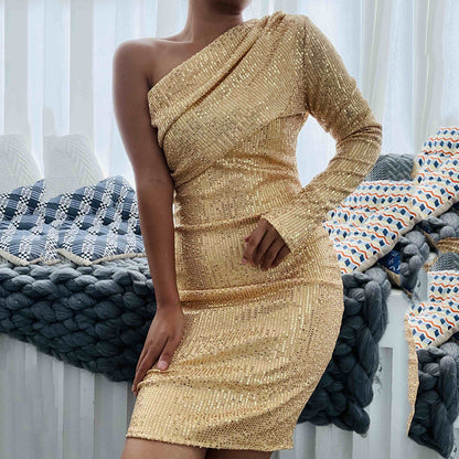 One Shoulder Dress Diagonal Collar Wrapped Chest Evening Dress Fashionable Sequ Nightclub Sexy Women Clothing by Ragazza