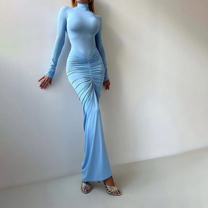 Women Clothing Autumn Solid Color Elegant Slim Slimming Pleated Turtleneck Long Sleeve Dress by Ragazza